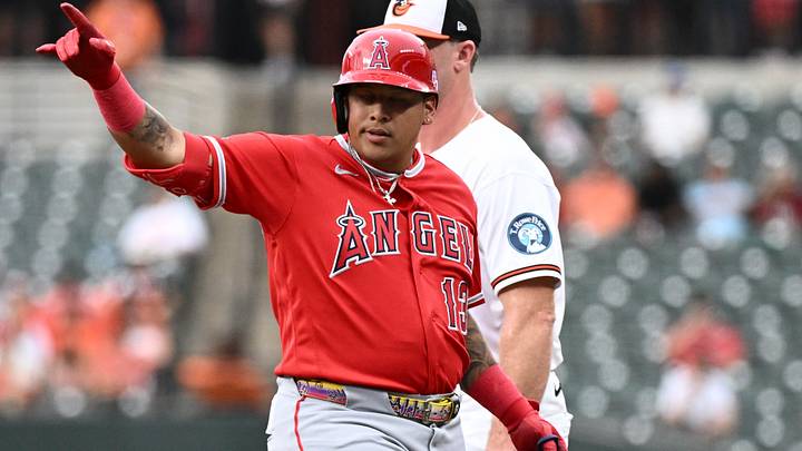 Aug 4, 2026; Baltimore, Maryland, USA; Los Angeles Angels designated hitter Moisés Ballesteros (13) hits a single during the second inning against the Baltimore Orioles at Oriole Park at Camden Yards. Mandatory Credit: James A. Pittman-Imagn Images Aug 4, 2026; Baltimore, Maryland, USA; Los Angeles Angels designated hitter Moisés Ballesteros (13) hits a single during the second inning against the Baltimore Orioles at Oriole Park at Camden Yards. Mandatory Credit: James A. Pittman-Imagn Images