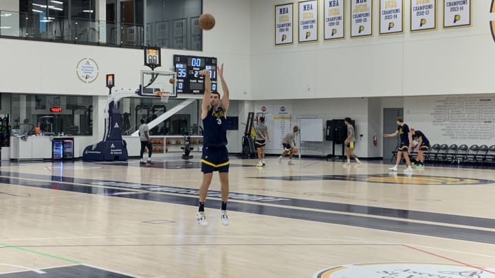 Indiana Pacers wing Dakota Mathias takes a jump shot during practice ahead of 2024 summer league play. (Mandatory Photo Credit: Pacers On SI) Indiana Pacers wing Dakota Mathias takes a jump shot during practice ahead of 2024 summer league play. (Mandatory Photo Credit: Pacers On SI)