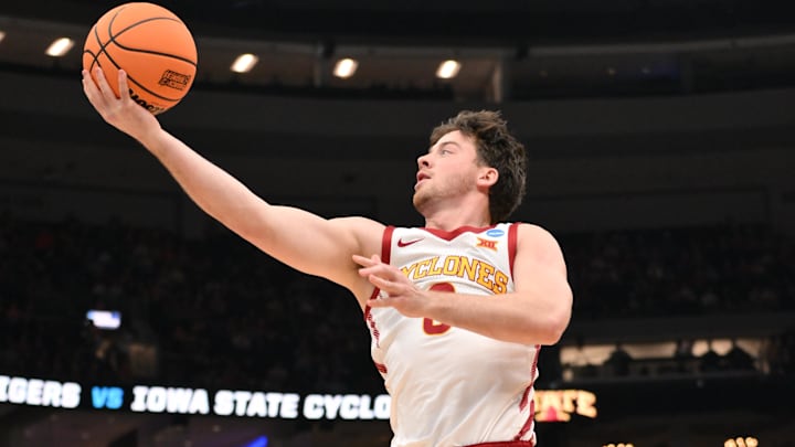 Mar 20, 2026; St. Louis, MO, USA; Iowa State Cyclones guard Nate Heise (0) shoots the ball against the Tennessee State Tigers during the first half of a first round game of the men's 2026 NCAA Tournament at Enterprise Center.