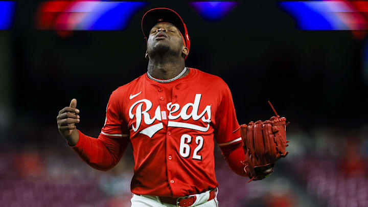 May 3, 2025; Cincinnati, Ohio, USA; Cincinnati Reds relief pitcher Luis Mey (62) reacts after a play in the ninth inning against the Washington Nationals at Great American Ball Park. Mandatory Credit: Katie Stratman-Imagn Images May 3, 2025; Cincinnati, Ohio, USA; Cincinnati Reds relief pitcher Luis Mey (62) reacts after a play in the ninth inning against the Washington Nationals at Great American Ball Park. Mandatory Credit: Katie Stratman-Imagn Images