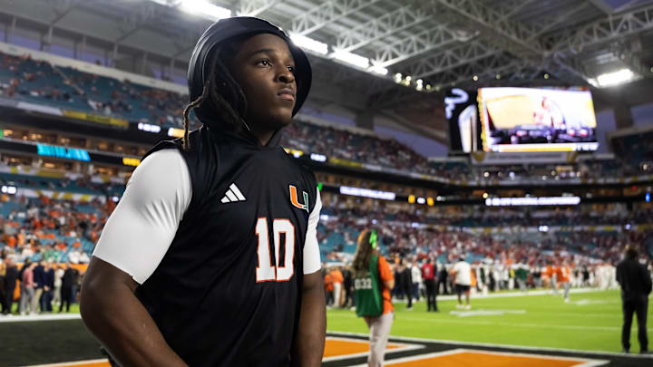 Jan 19, 2026; Miami Gardens, FL, USA; Miami Hurricanes wide receiver Malachi Toney (10) against the Indiana Hoosiers during the College Football Playoff National Championship game at Hard Rock Stadium. Mandatory Credit: Mark J. Rebilas-Imagn Images