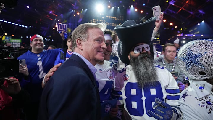 NFL commissioner Roger Goodell poses with fans during the 2024 NFL Draft. NFL commissioner Roger Goodell poses with fans during the 2024 NFL Draft.