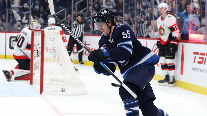 Dec 28, 2024; Winnipeg, Manitoba, CAN; Winnipeg Jets center Mark Scheifele (55) celebrates his second period goal against the Ottawa Senators at Canada Life Centre. Mandatory Credit: James Carey Lauder-Imagn Images Dec 28, 2024; Winnipeg, Manitoba, CAN; Winnipeg Jets center Mark Scheifele (55) celebrates his second period goal against the Ottawa Senators at Canada Life Centre. Mandatory Credit: James Carey Lauder-Imagn Images
