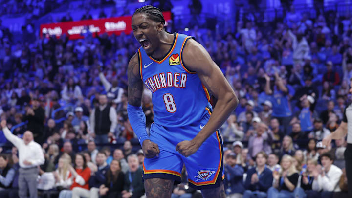 Dec 18, 2025; Oklahoma City, Oklahoma, USA; Oklahoma City Thunder guard Jalen Williams (8) screams and celebrates after dunking against the Los Angeles Clippers during the second quarter at Paycom Center. Mandatory Credit: Alonzo Adams-Imagn Images