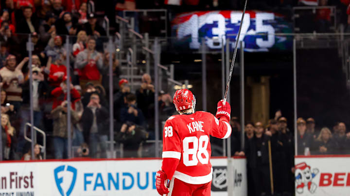 Jan 29, 2026; Detroit, Michigan, USA;  Detroit Red Wings right wing Patrick Kane (88) celebrates after he gets his 1375 point in the second period against the Washington Capitals at Little Caesars Arena. Mandatory Credit: Rick Osentoski-Imagn Images