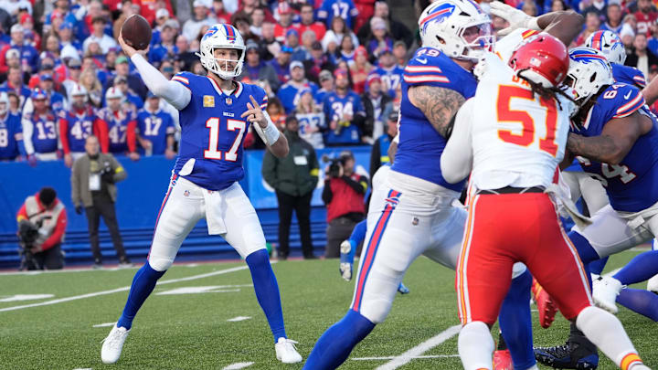 Nov 2, 2025; Orchard Park, New York, USA; Buffalo Bills quarterback Josh Allen (17)  passes the ball in the first quarter against the Kansas City Chiefs