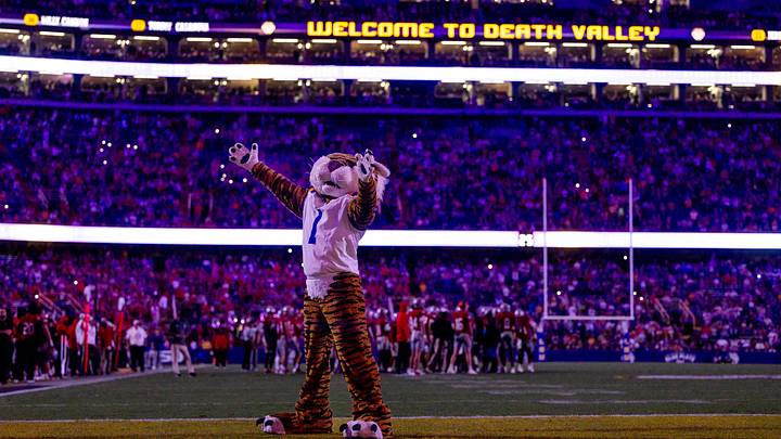 Sep 7, 2024; Baton Rouge, Louisiana, USA; LSU Tigers mascot Mike the Tiger performs for fans during a time out against the Nicholls State Colonels during the second half at Tiger Stadium. Mandatory Credit: Stephen Lew-Imagn Images