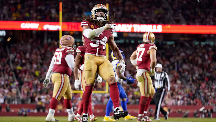 Dec 12, 2024; Santa Clara, California, USA; San Francisco 49ers linebacker Fred Warner (54) reacts after making a tackle against the Los Angeles Rams in the fourth quarter at Levi's Stadium.