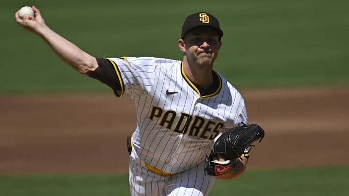 Mar 27, 2025; San Diego, California, USA; San Diego Padres pitcher Michael King (34) delivers during the first inning against the Atlanta Braves at Petco Park. 