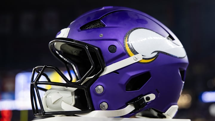 Jan 13, 2025; Glendale, AZ, USA; Detailed view of a Minnesota Vikings helmet during an NFC wild card game at State Farm Stadium. Mandatory Credit: Mark J. Rebilas-Imagn Images