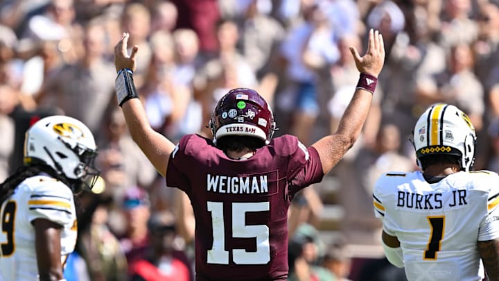 Oct 5, 2024; College Station, Texas, USA; Texas A&M Aggies quarterback Conner Weigman (15) reacts in the second quarter against the Missouri Tigers at Kyle Field. Mandatory Credit: Maria Lysaker-Imagn Images. 
