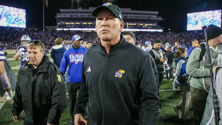 Oct 26, 2024; Manhattan, Kansas, USA; Kansas Jayhawks head coach Lance Leipold walks off the field following a loss to the Kansas State Wildcats at Bill Snyder Family Football Stadium. Mandatory Credit: Scott Sewell-Imagn Images