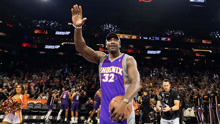 Oct 22, 2025; Phoenix, Arizona, USA; Phoenix Suns former player Amar'e Stoudemire prior to the game against the Sacramento Kings at the Mortgage Matchup Center. Mandatory Credit: Mark J. Rebilas-Imagn Images