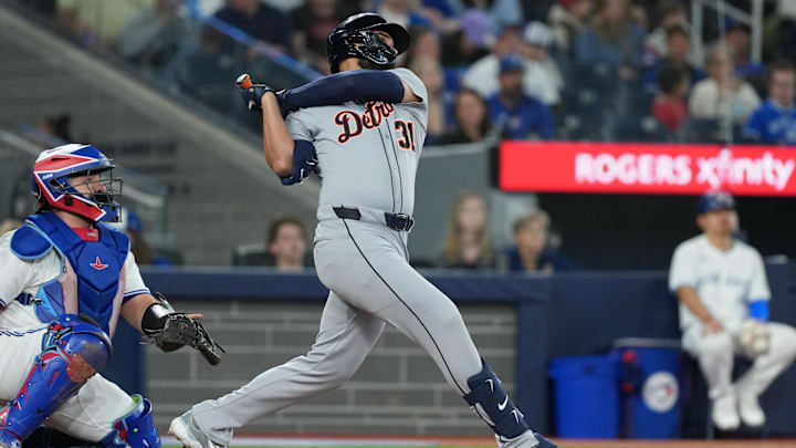 May 18, 2025; Toronto, Ontario, CAN; Detroit Tigers designated hitter Riley Greene (31) hits a single against the Toronto Blue Jays during the third inning at Rogers Centre. 