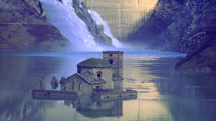 Fabbriche di Careggine, a sunken town in Italy, emerges from under Lago di Vagli reservoir.