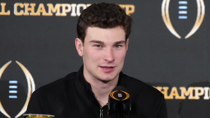 Jan 20, 2026; Miami, FL, USA; Indiana Hoosiers quarterback Fernando Mendoza during the CFP Champions press conference at Marriott Marquis Miami. Mandatory Credit: Kirby Lee-Imagn Images