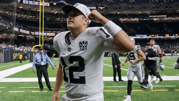 Dec 29, 2024; New Orleans, Louisiana, USA; Las Vegas Raiders quarterback Aidan O'Connell (12) pumps his fist after his team’s victory against the New Orleans Saints at Caesars Superdome. Mandatory Credit: Matthew Hinton-Imagn Images Dec 29, 2024; New Orleans, Louisiana, USA; Las Vegas Raiders quarterback Aidan O'Connell (12) pumps his fist after his team’s victory against the New Orleans Saints at Caesars Superdome. Mandatory Credit: Matthew Hinton-Imagn Images