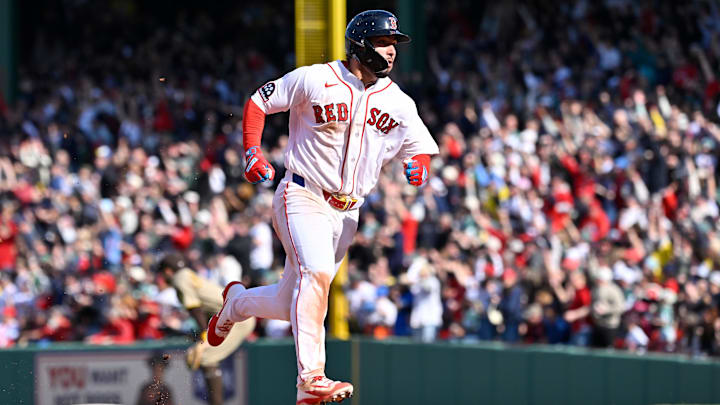 Apr 3, 2026; Boston, Massachusetts, USA; Boston Red Sox right fielder Wilyer Abreu (52) runs home to score on a two run home run by second baseman Marcelo Mayer (11) (not pictured) during the sixth inning against the San Diego Padres at Fenway Park. Mandatory Credit: Eric Canha-Imagn Images Apr 3, 2026; Boston, Massachusetts, USA; Boston Red Sox right fielder Wilyer Abreu (52) runs home to score on a two run home run by second baseman Marcelo Mayer (11) (not pictured) during the sixth inning against the San Diego Padres at Fenway Park. Mandatory Credit: Eric Canha-Imagn Images