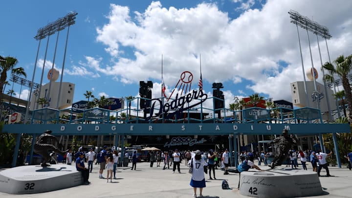 May 5, 2024; Los Angeles, California, USA; A general view of the outfield plaza prior to the MLB game between the Los Angeles Dodgers and the Atlanta Braves at Dodger Stadium. Mandatory Credit: Kiyoshi Mio-Imagn Images May 5, 2024; Los Angeles, California, USA; A general view of the outfield plaza prior to the MLB game between the Los Angeles Dodgers and the Atlanta Braves at Dodger Stadium. Mandatory Credit: Kiyoshi Mio-Imagn Images