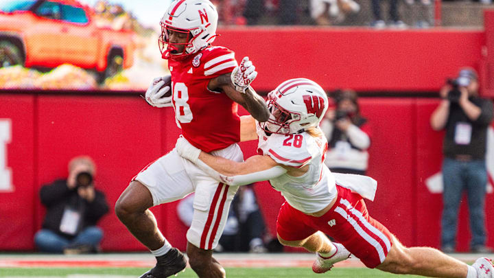 Nov 23, 2024; Lincoln, Nebraska, USA; Nebraska Cornhuskers wide receiver Isaiah Neyor runs after a catch against the Wisconsin Badgers. Nov 23, 2024; Lincoln, Nebraska, USA; Nebraska Cornhuskers wide receiver Isaiah Neyor runs after a catch against the Wisconsin Badgers.