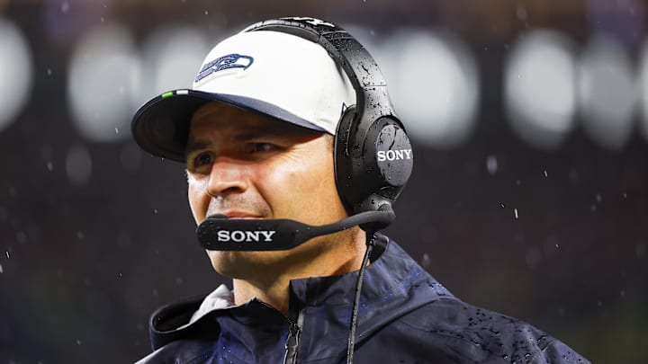 Aug 15, 2025; Seattle, Washington, USA; Seattle Seahawks head coach Mike Macdonald stands on the sideline during the fourth quarter against the Kansas City Chiefs at Lumen Field.
