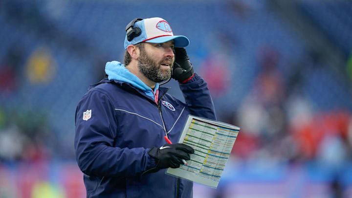 Tennessee Titans head coach Brian Callahan looks on during the fourth quarter as they play the Houston Texans at Nissan Stadium in Nashville, Tenn., Sunday, Jan. 5, 2025.