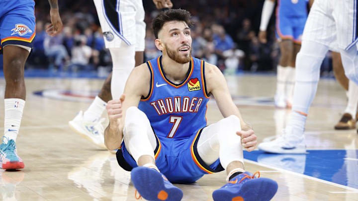 Nov 4, 2024; Oklahoma City, Oklahoma, USA; Oklahoma City Thunder forward Chet Holmgren (7) sits on the floor after a play against the Orlando Magic during the second half at Paycom Center. Mandatory Credit: Alonzo Adams-Imagn Images