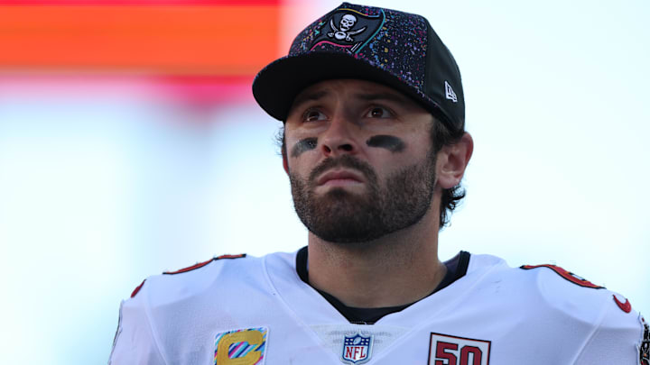 Tampa Bay Buccaneers quarterback Baker Mayfield (6) stands on the field during the second quarter against the San Francisco 49ers at Raymond James Stadium.