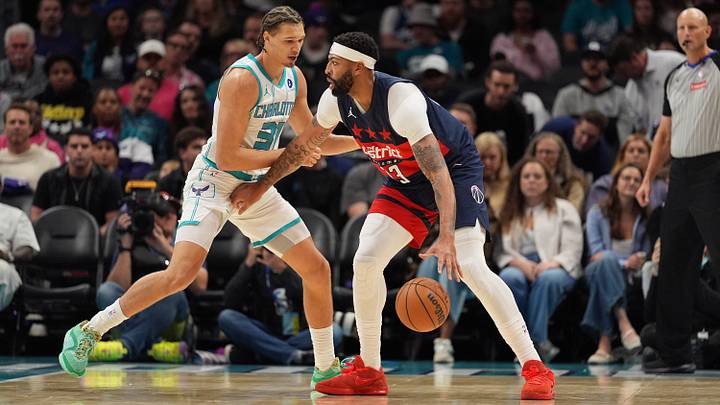 Oct 26, 2026; Charlotte, North Carolina, USA; Washington Wizards forward Anthony Davis (23) handles the ball against Charlotte Hornets forward Tidjane Salaun (31) during the first half at the Spectrum Center. Mandatory Credit: Jim Dedmon-Imagn Images Oct 26, 2026; Charlotte, North Carolina, USA; Washington Wizards forward Anthony Davis (23) handles the ball against Charlotte Hornets forward Tidjane Salaun (31) during the first half at the Spectrum Center. Mandatory Credit: Jim Dedmon-Imagn Images