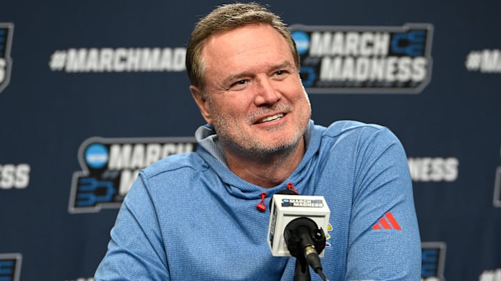 Mar 19, 2025; Providence, RI, USA; Kansas Jayhawks head coach Bill Self speaks to the media during a press conference at Amica Mutual Pavilion. Mandatory Credit: Eric Canha-Imagn Images