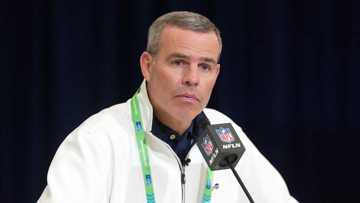Feb 24, 2026; Indianapolis, IN, USA; Buffalo Bills general manager Brandon Beane speaks at the NFL Scouting Combine at the Indiana Convention Center. Mandatory Credit: Kirby Lee-Imagn Images