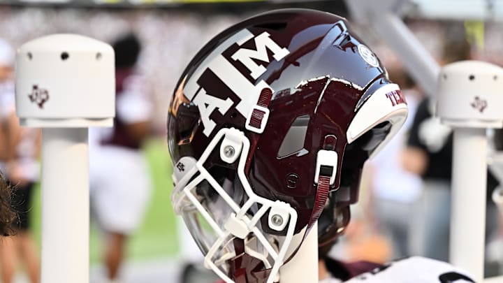 A detail view of a Texas A&M Aggies helmet on the sideline during the game against the Bowling Green Falcons at Kyle Field. 