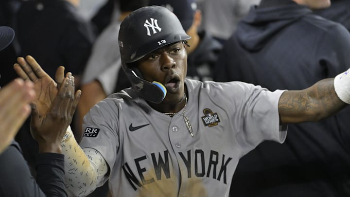 New York Yankees third baseman Jazz Chisholm Jr. celebrates after scoring during Game 1 of the World Series against the Los Angeles Dodgers on Friday at Dodgers Stadium.
