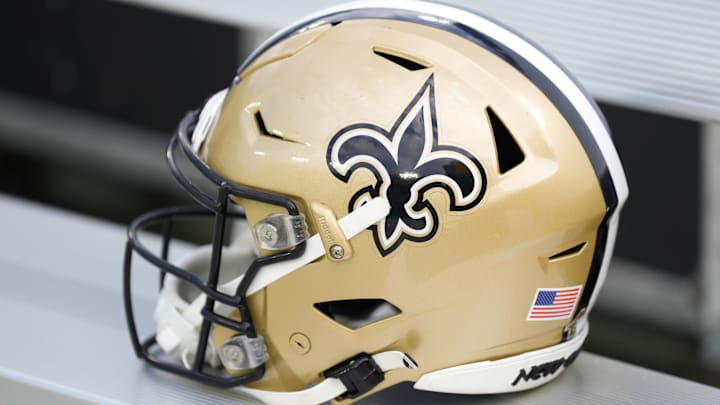 Sep 24, 2023; Green Bay, Wisconsin, USA;  An New Orleans Saints helmet during warmups prior to the game against the Green Bay Packers at Lambeau Field. Mandatory Credit: Jeff Hanisch-Imagn Images
