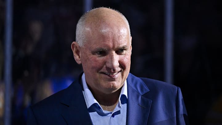Mar 25, 2024; St. Louis, Missouri, USA;  St. Louis Blues general manager Doug Armstrong looks on before a game against the Vegas Golden Knights at Enterprise Center. Mandatory Credit: Jeff Curry-Imagn Images