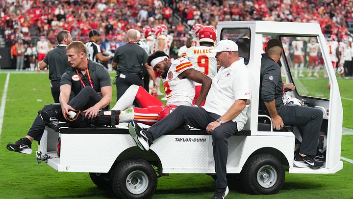 Kansas City Chiefs wide receiver Tyquan Thornton (2) carted off the field during Chiefs-Raiders game at Allegiant Stadium. Kansas City Chiefs wide receiver Tyquan Thornton (2) carted off the field during Chiefs-Raiders game at Allegiant Stadium.