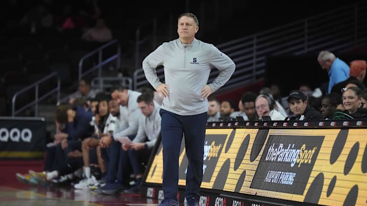 Penn State Nittany Lions head coach MIke Rhoades reacts against the Southern California Trojans in the second half at Galen Center.