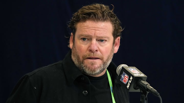 Feb 25, 2025; Indianapolis, IN, USA; Seattle Seahawks general manager John Schneider speaks during the NFL Scouting Combine at the Indiana Convention Center.