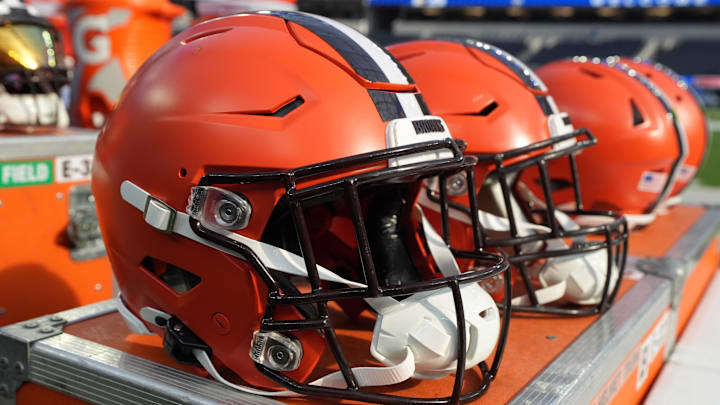 Dec 3, 2023; Inglewood, California, USA; Riddell speedflex Cleveland Browns helmets on the sidelines at SoFi Stadium. Mandatory Credit: Kirby Lee-Imagn Images