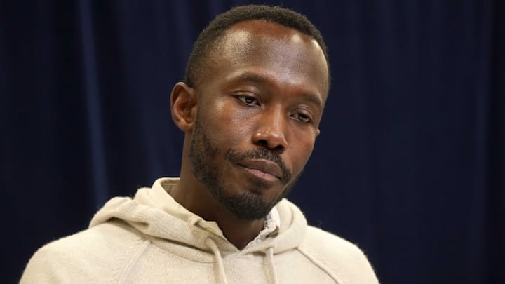 Feb 25, 2025; Indianapolis, IN, USA; Minnesota Vikings general manager Kwesi Adofo-Mensah speaks during the NFL Scouting Combine at the Indiana Convention Center. Mandatory Credit: Kirby Lee-Imagn Images