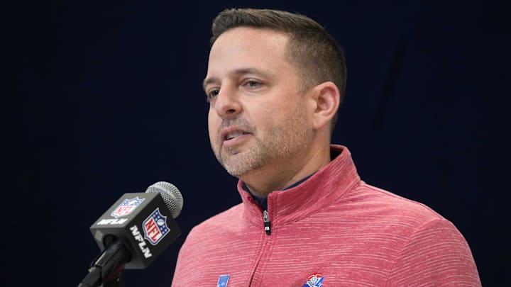 Feb 27, 2025; Indianapolis, IN, USA; New England Patriots general manager Eliot Wolf speaks during the 2025 NFL Scouting Combine at the Indiana Convention Center. Mandatory Credit: Kirby Lee-Imagn Images