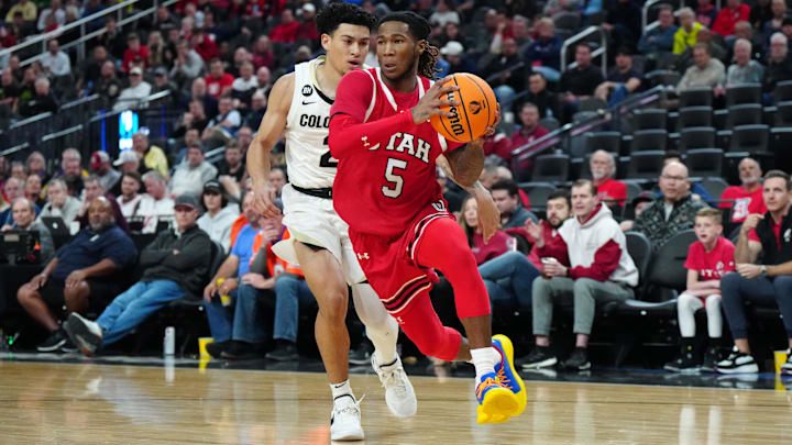 Mar 14, 2024; Las Vegas, NV, USA; Utah Utes guard Deivon Smith (5) drives to the basket against Colorado. Mar 14, 2024; Las Vegas, NV, USA; Utah Utes guard Deivon Smith (5) drives to the basket against Colorado.