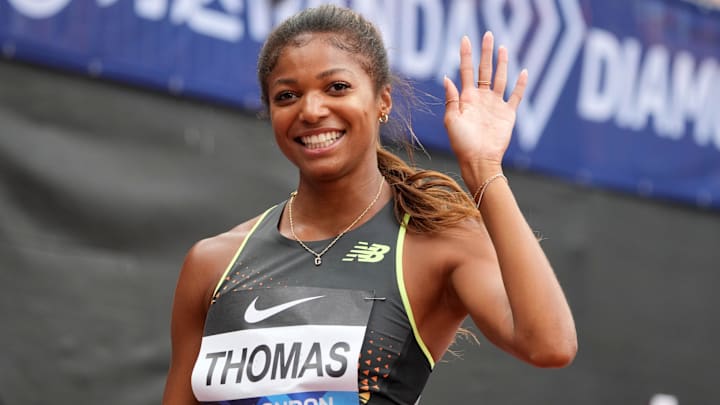 Gabby Thomas (USA) poses after winning the women's 200m in a meet record 21.82 during the London Athletics Meet at London Stadium. Gabby Thomas (USA) poses after winning the women's 200m in a meet record 21.82 during the London Athletics Meet at London Stadium.