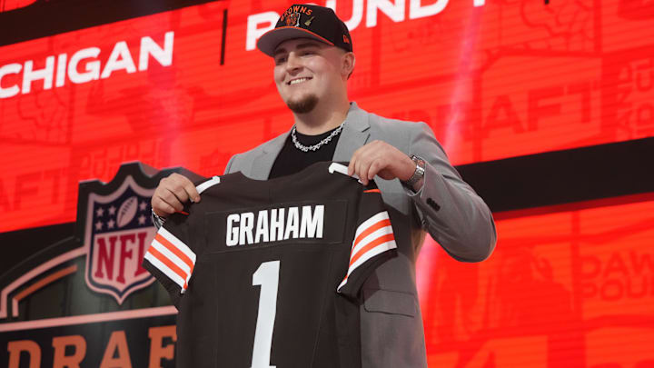 Michigan Wolverines defensive lineman Mason Graham is selected by the Cleveland Browns as the number five pick in the first round of the 2025 NFL Draft at Lambeau Field.