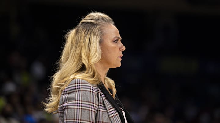Sep 29, 2023; Arlington, Texas, USA; Las Vegas Aces head coach Becky Hammon watches her team take on the Dallas Wings during the first half during game three of the 2023 WNBA Playoffs at College Park Center. Mandatory Credit: Jerome Miron-Imagn Images