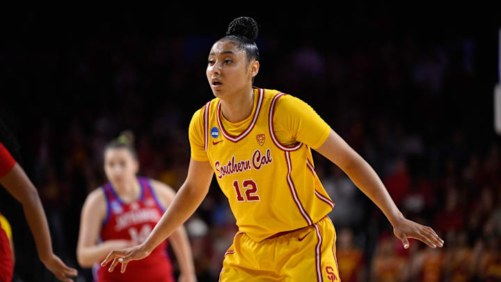 Mar 25, 2024; Los Angeles, CA, USA; USC Trojans guard JuJu Watkins (12) during an NCAA Women’s Tournament 2nd round game against the Kansas Jayhawks at Galen Center. Mandatory Credit: Robert Hanashiro-Imagn Images Mar 25, 2024; Los Angeles, CA, USA; USC Trojans guard JuJu Watkins (12) during an NCAA Women’s Tournament 2nd round game against the Kansas Jayhawks at Galen Center. Mandatory Credit: Robert Hanashiro-Imagn Images