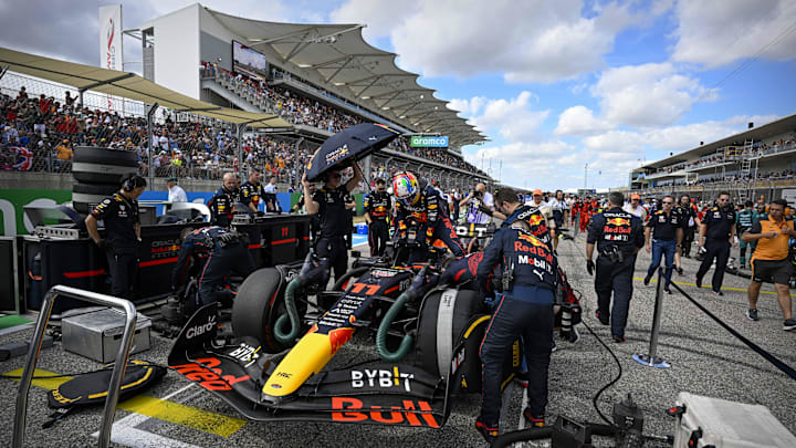 Oct 23, 2022; Austin, Texas, USA; The crew of Red Bull Racing Limited driver Sergio Perez (11) of Team Mexico wheel their car onto the grid before the start of the U.S. Grand Prix F1 race at Circuit of the Americas. Mandatory Credit: Jerome Miron-Imagn Images Oct 23, 2022; Austin, Texas, USA; The crew of Red Bull Racing Limited driver Sergio Perez (11) of Team Mexico wheel their car onto the grid before the start of the U.S. Grand Prix F1 race at Circuit of the Americas. Mandatory Credit: Jerome Miron-Imagn Images