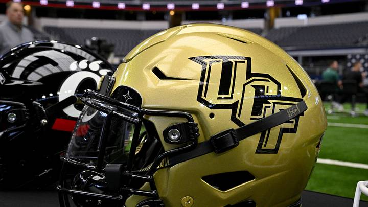 Jul 12, 2023; Arlington, TX, USA; A view of the UCF Knights helmet and logo during Big 12 football media day at AT&T Stadium. Mandatory Credit: Jerome Miron-Imagn Images