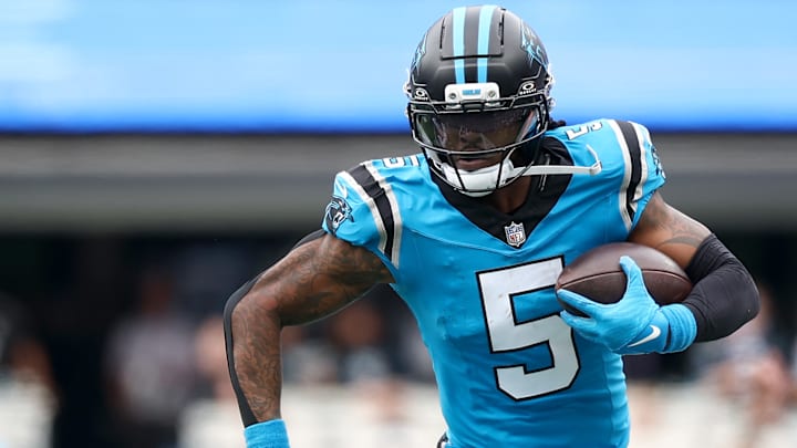 Carolina Panthers RB Rico Dowdle (5) runs the ball against the Dallas Cowboys on Oct. 12, 2025 Carolina Panthers RB Rico Dowdle (5) runs the ball against the Dallas Cowboys on Oct. 12, 2025