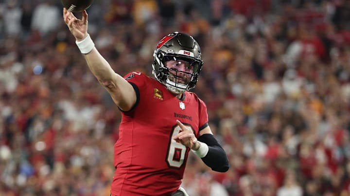 Tampa Bay Buccaneers quarterback Baker Mayfield (6) throws during the third quarter of a NFC wild-card playoff against the Washington Commanders.